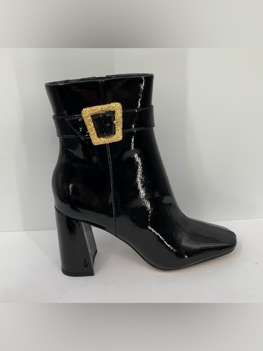 Sam Edelman Corinne patent short ankle boot shoe black buckle heel gold new 8.5